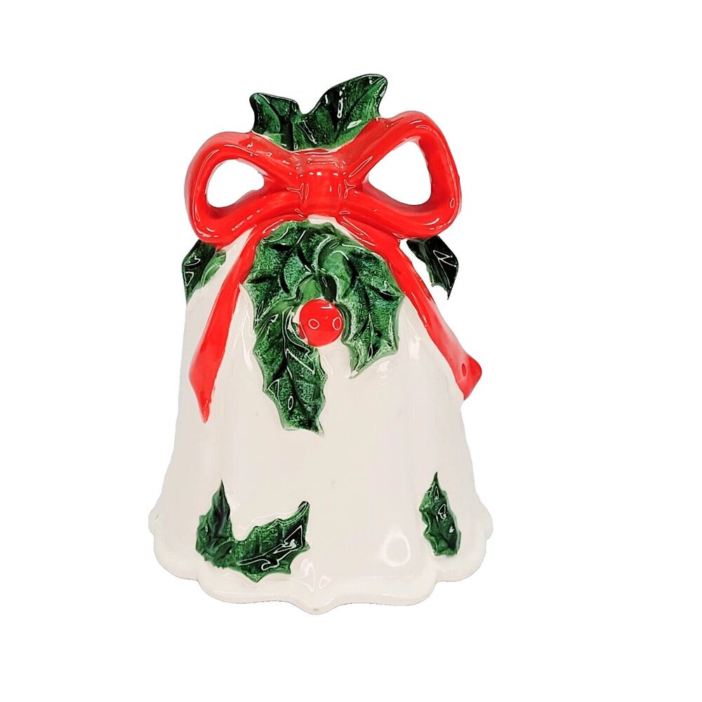 Lefton Holly Berry Round Bell 4" Scalloped Edge Red Bow vtg Japan christmas